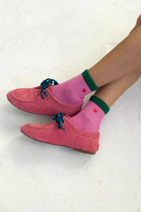 Embroidered Colour Block Girlfriend Socks - Rose Green & Heart