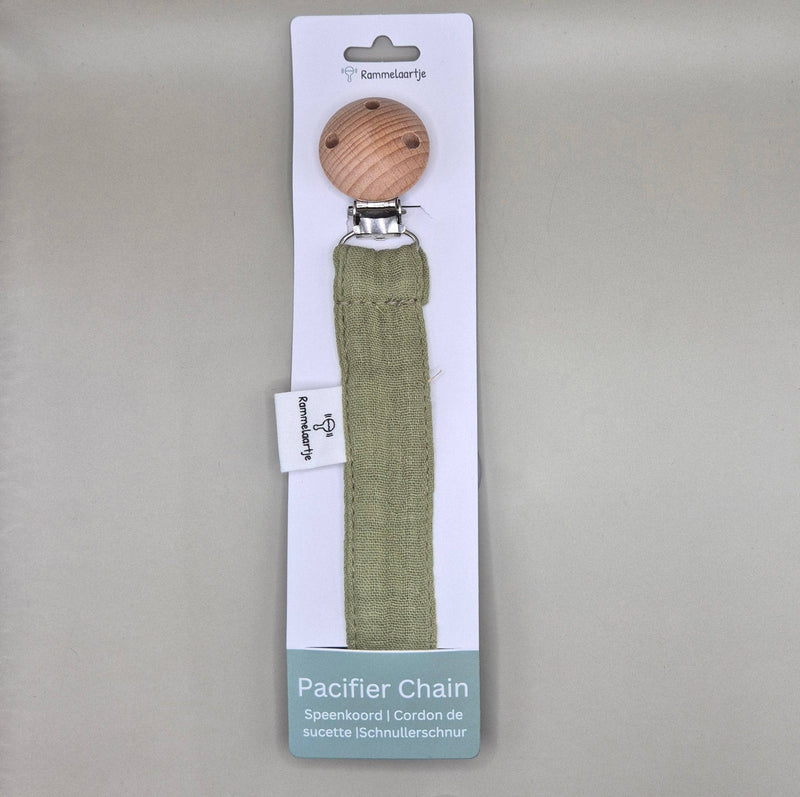 Pacifier Cord Made of Muslin Fabric with Wooden Attachment Clip – Army