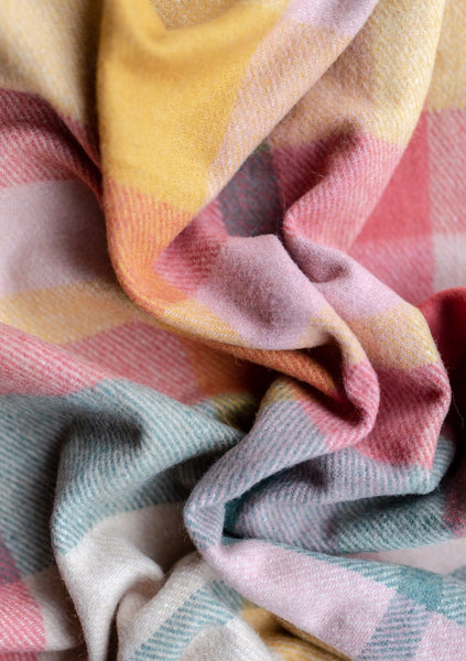 Recycled Wool Picnic Blanket - Wildflower Patchwork check - Navy Recycled Handle