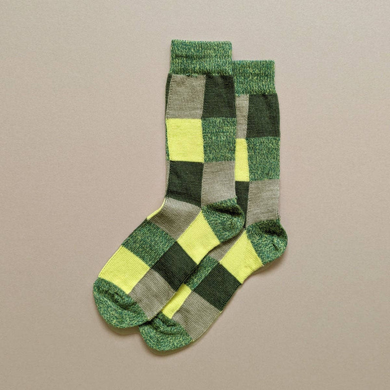 Fine Merino Wool Socks - Citrus Green Patchwork: UK 8-11