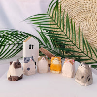 Gohobi Handcrafted Wooden Sitting Cats Ornament: Grey White Sitting Cat