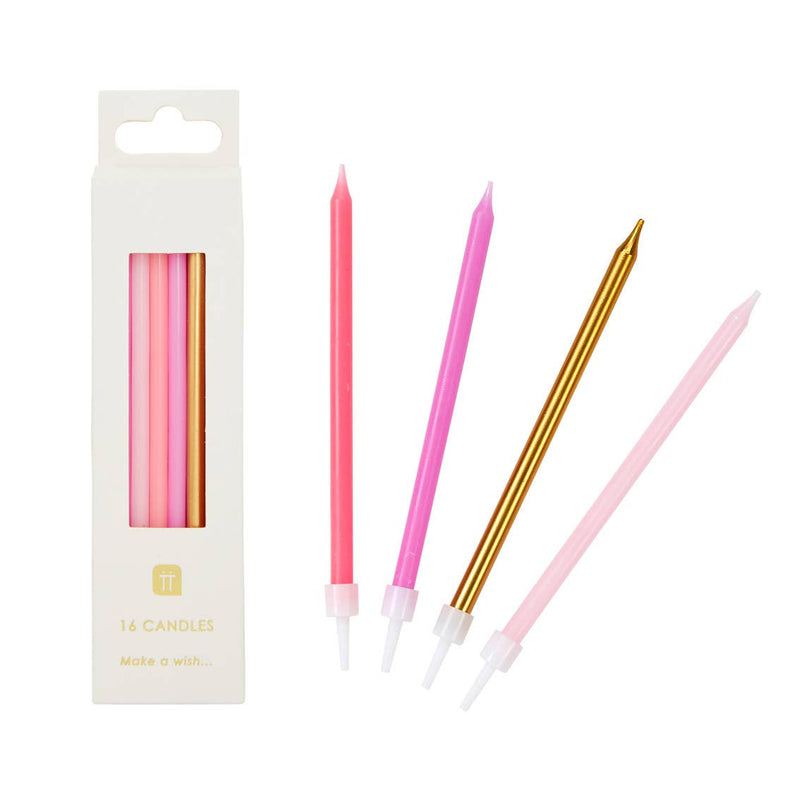 Long Pink and Gold Birthday Candles | 16 Pack |