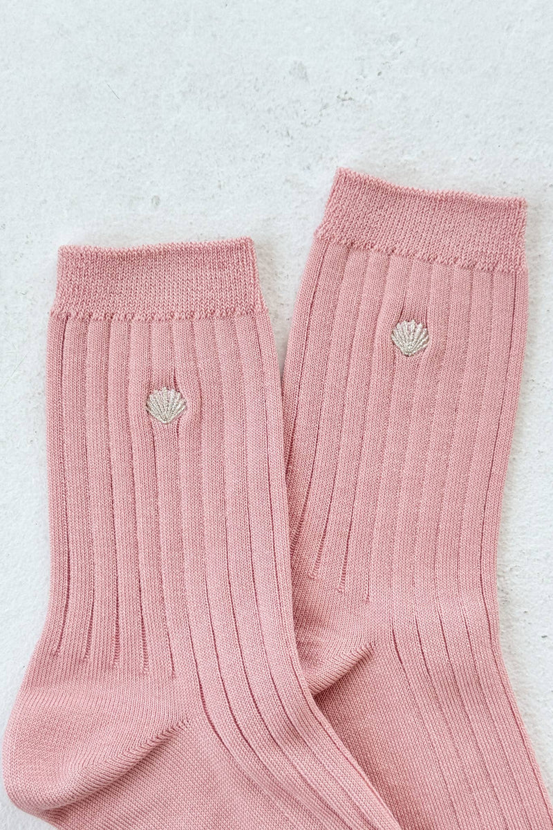 Her Socks - Pink Soda + Embroidered Silver Seashell