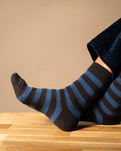 Fine Merino Wool Socks - Stripe Blue: UK 8-11