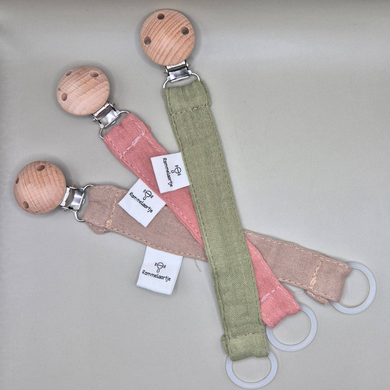 Pacifier Cord Made of Muslin Fabric with Wooden Attachment Clip – Army