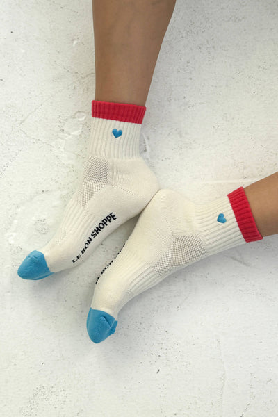 Embroidered Color Block Girlfriend Socks - Blue Red & Heart