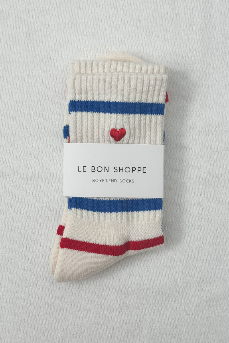 Embroidered Boyfriend Socks - Red, Blue & Heart
