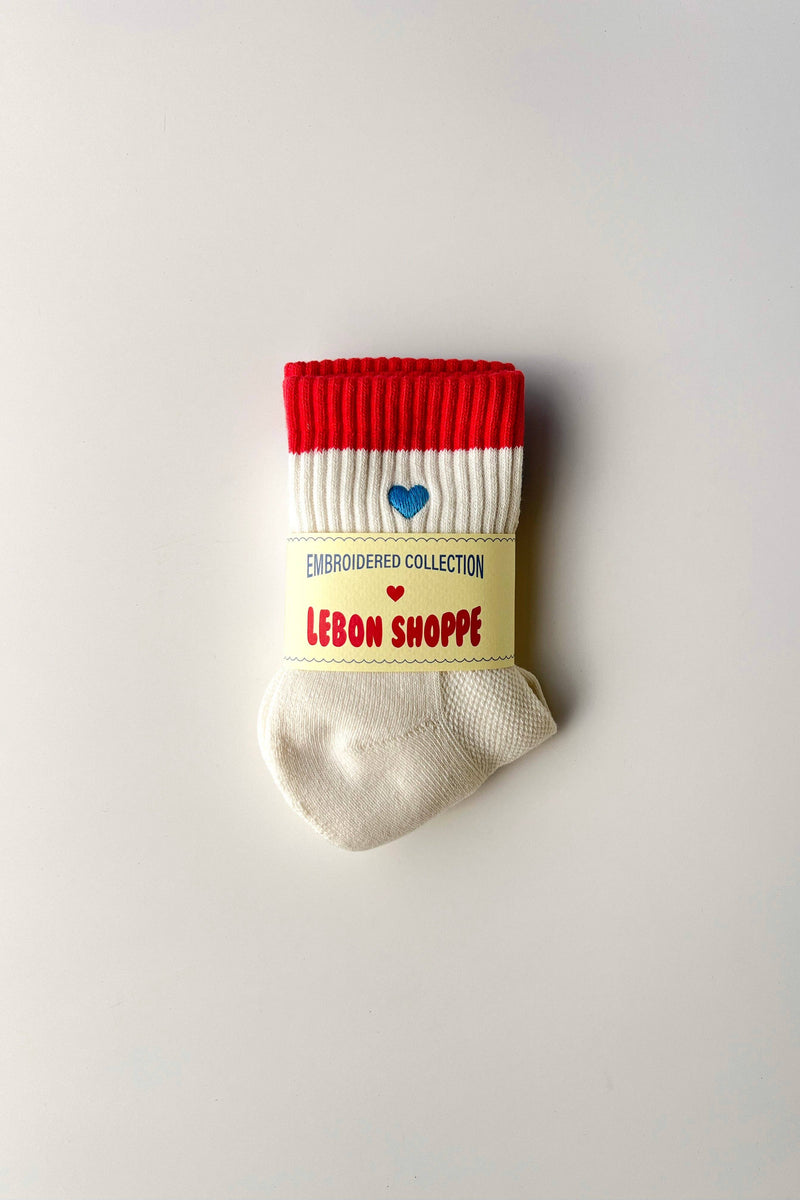 Embroidered Color Block Girlfriend Socks - Blue Red & Heart