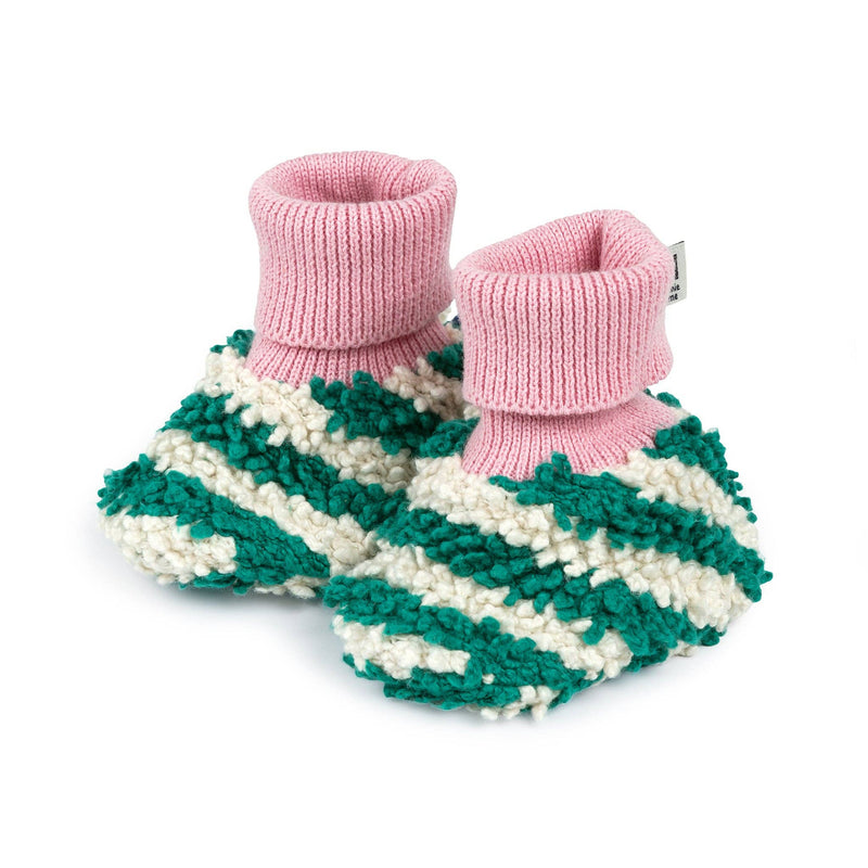 Cotton Knit Baby Slipper Socks: Boucle Striped Green