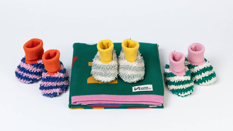 Cotton Knit Baby Slipper Socks: Boucle Striped Aqua