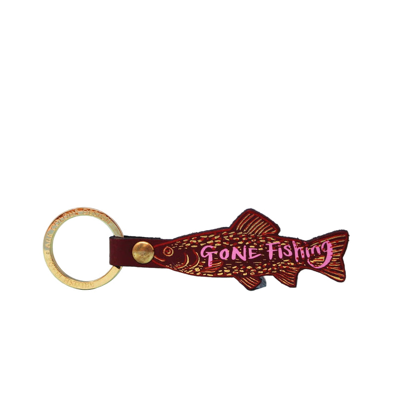 Gone Fishing Leather Key Fob - Dark Red