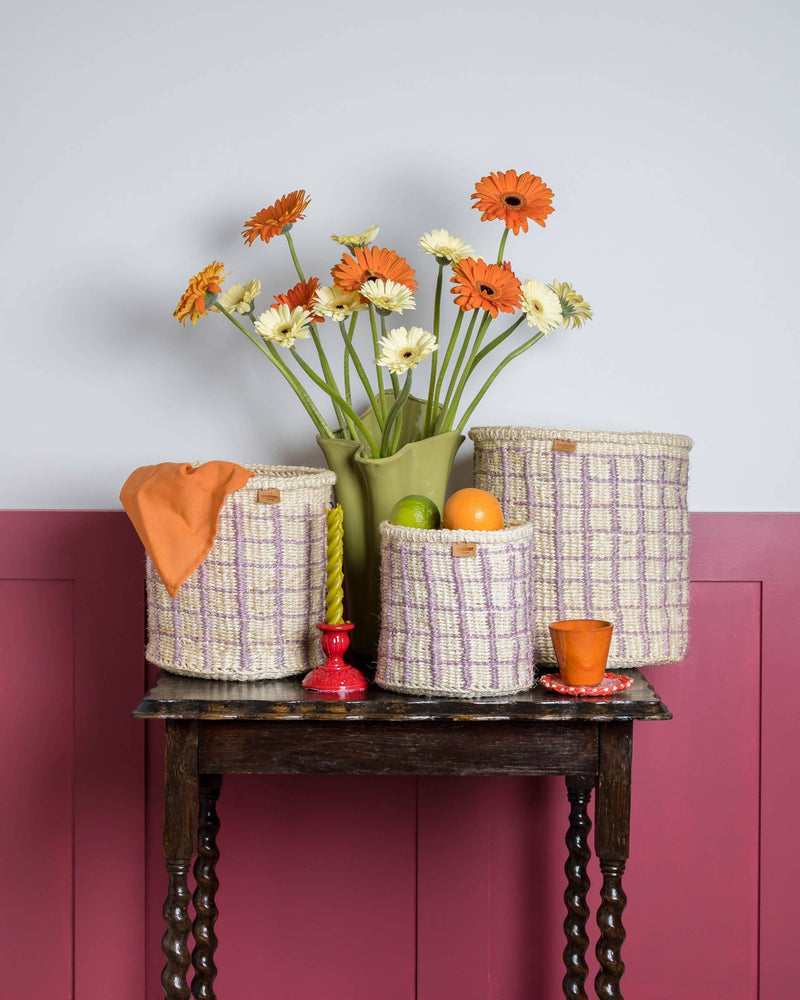 The Basket Room - CHANGIA: Lavender Check Woven Storage Basket: S / Purple / Checked
