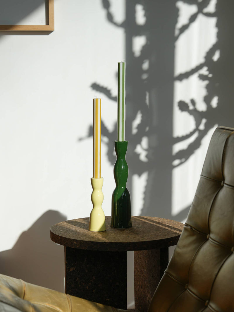 Stripe Dinner Candles : Moss Green / White