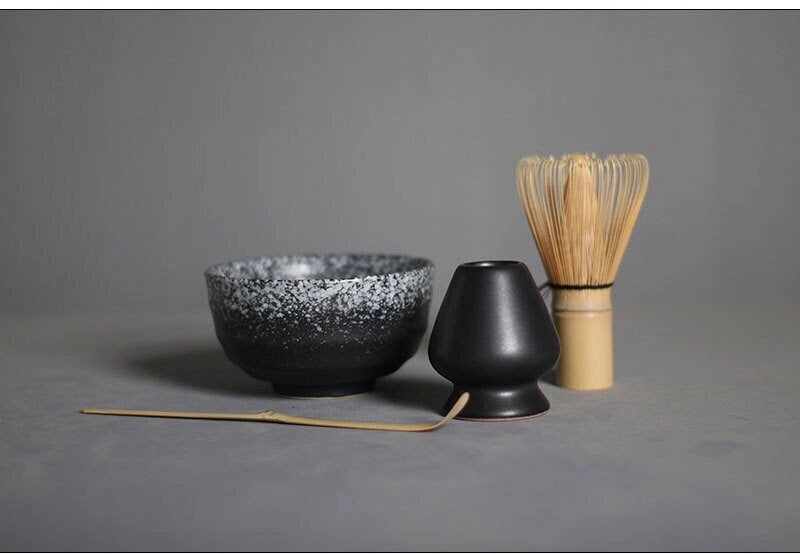 Ceramic Matcha Set with Bamboo Whisk - Speckled White on Black