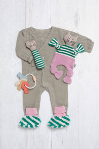 Cotton Knit Baby Slipper Socks: Boucle Striped Green