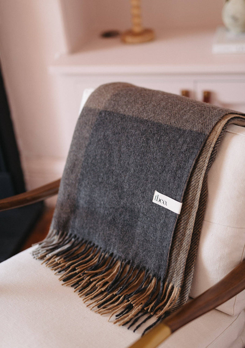 Recycled Wool Blanket in Natural Herringbone Block Check