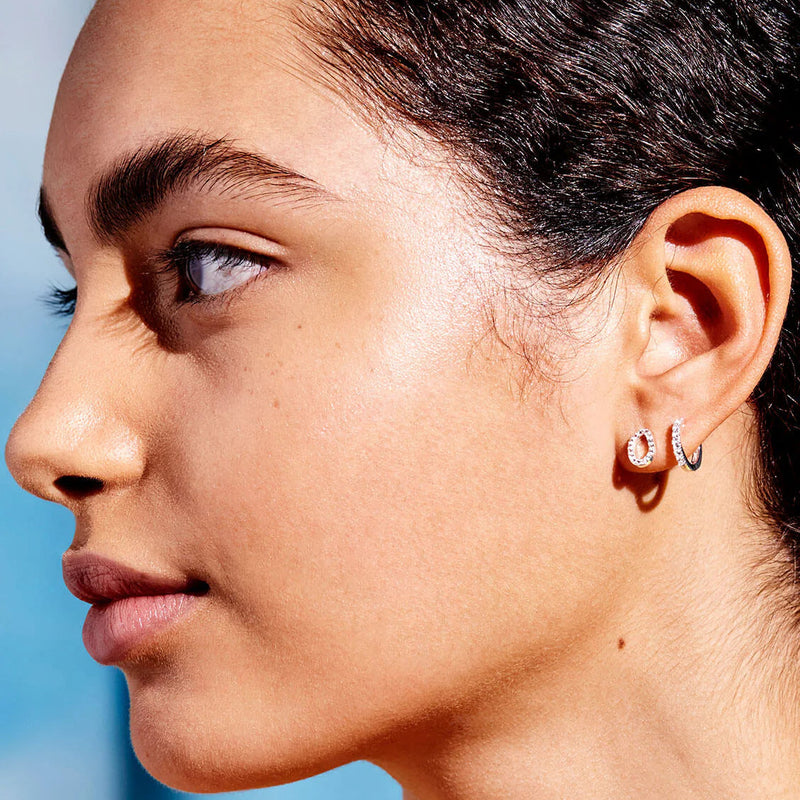 Hoop Earrings with White CZ - Silver