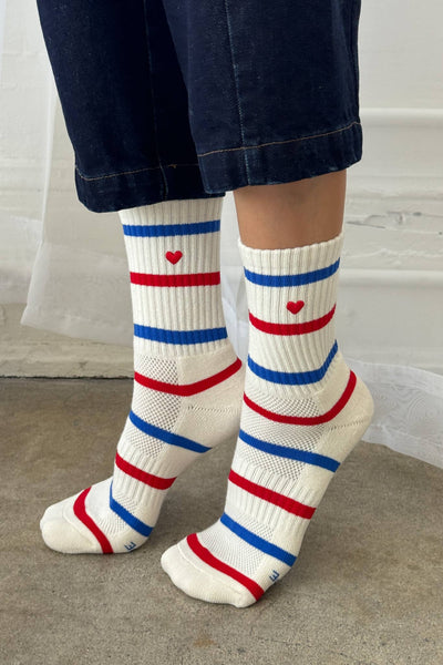 Embroidered Boyfriend Socks - Red, Blue & Heart
