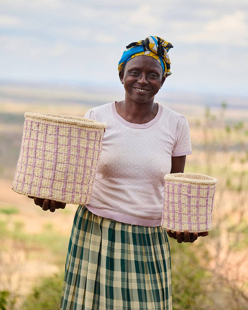 The Basket Room - CHANGIA: Lavender Check Woven Storage Basket: M / Purple / Checked
