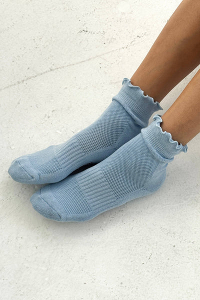Ruffled Hugger Crew Socks - Periwinkle & Red