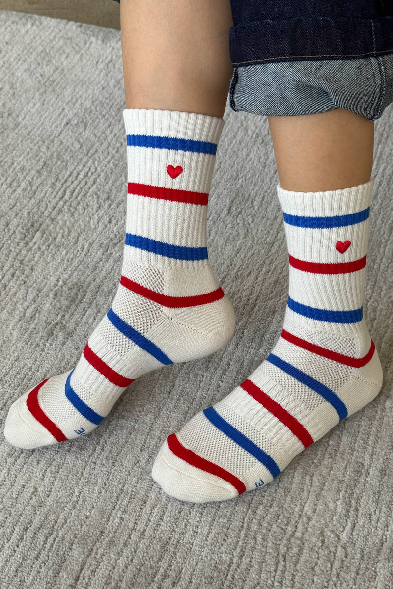 Embroidered Boyfriend Socks - Red, Blue & Heart