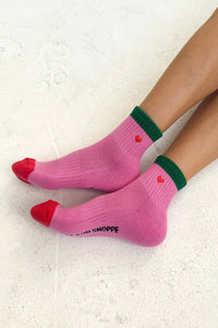 Embroidered Colour Block Girlfriend Socks - Rose Green & Heart