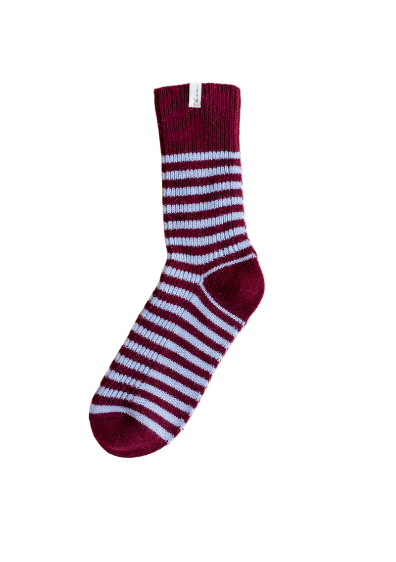 Cashmere & Merino Socks in Burgundy & Blue Stripe