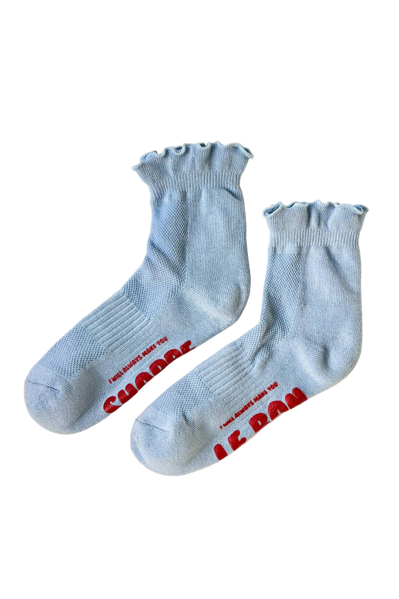 Ruffled Hugger Crew Socks - Periwinkle & Red