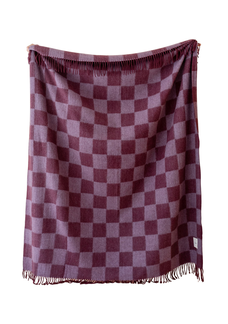 Recycled Wool Blanket in Burgundy & Lilac Checkeredboard