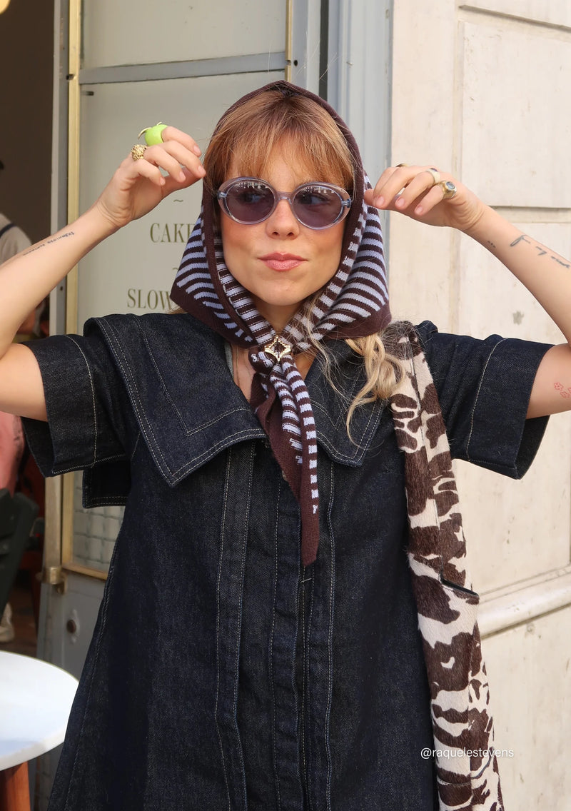 Merino Wool Triangle Scarf in Blue and Brown Stripes