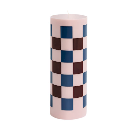 Large Column Candle - Light Pink/Bordeaux/Dark Blue Check