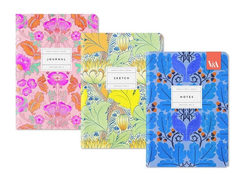 Neon Floral V&A Stitched Notebooks No.2 - Lined - Set of 3