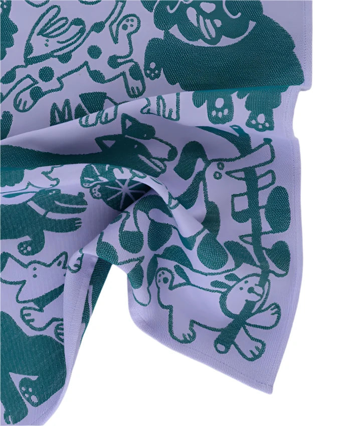 Dogs Day Out - Woven Cotton Tea Towel - Lilac/Green