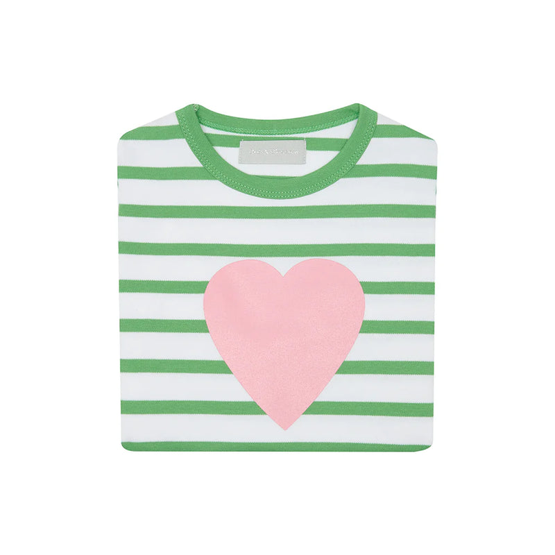 Grass Green & White Breton Striped Love Heart T-Shirt