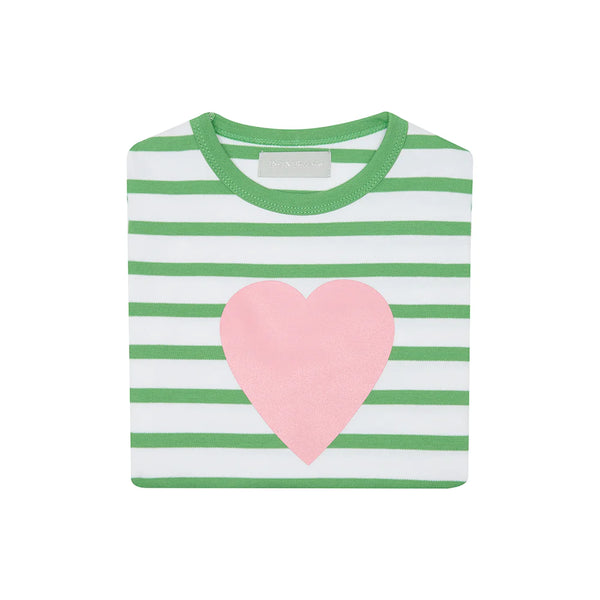 Grass Green & White Breton Striped Love Heart T-Shirt