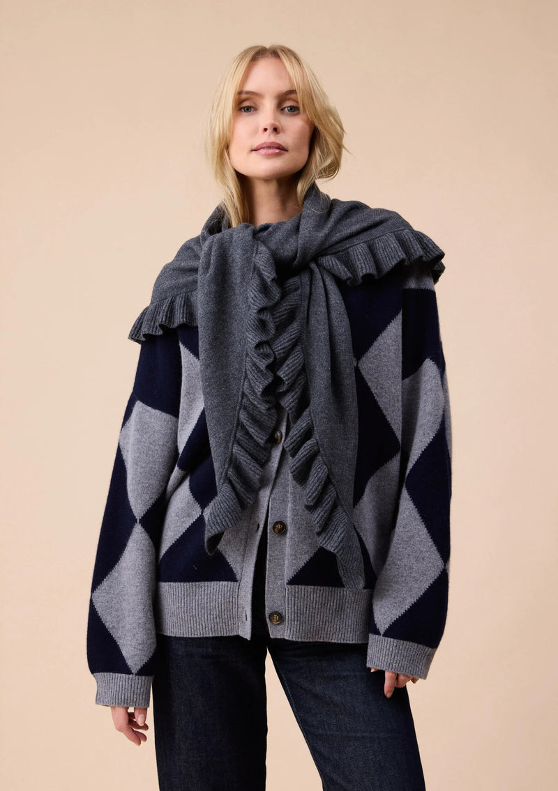 Large Merino Wool Triangle Scarf in Grey Ruffle