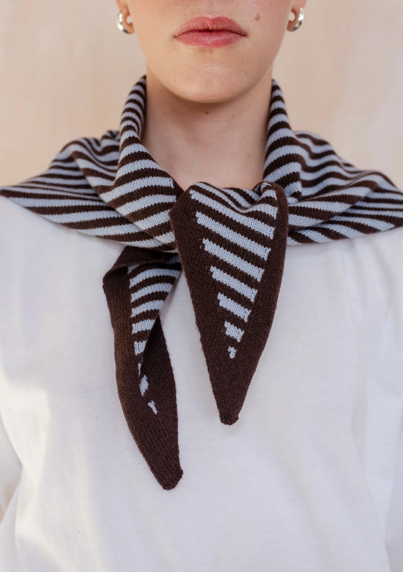 Merino Wool Triangle Scarf in Blue and Brown Stripes