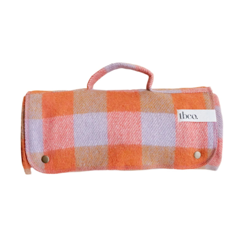 Recycled Wool Small Picnic Blanket - Orange Gingham