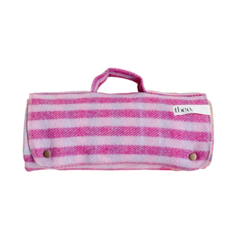 Recycled Wool Small Picnic Blanket - Pink Micro Gingham