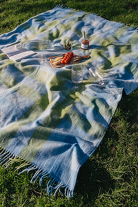 Recycled Wool Picnic Blanket in Blue Gradient Gingham