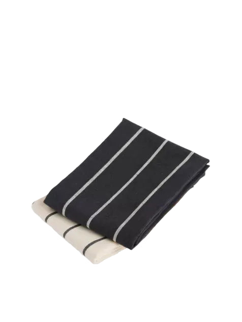 Outdoor Market Tea Towel - Set Of 2 - Black With Beige Stripe