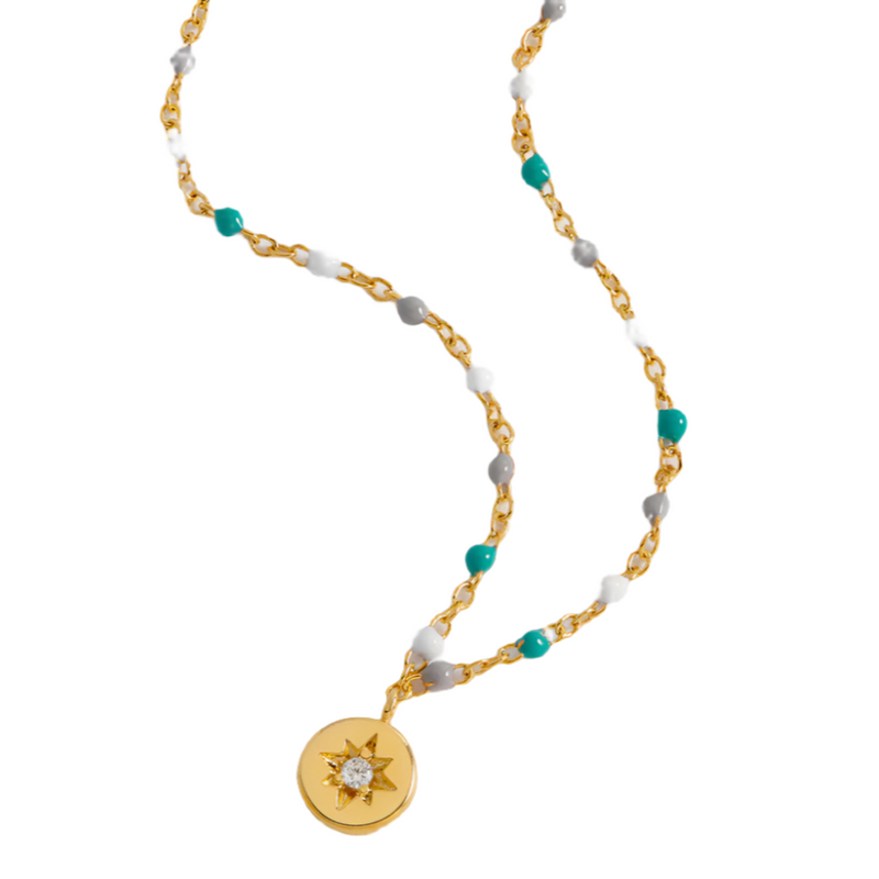 CZ Star Pendant Beaded Necklace - Gold Plated