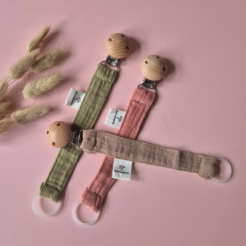 Pacifier Cord Made of Muslin Fabric with Wooden Attachment Clip – Army