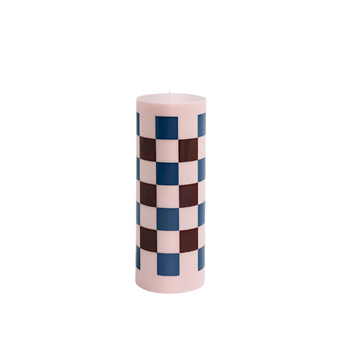 Large Column Candle - Light Pink/Bordeaux/Dark Blue Check