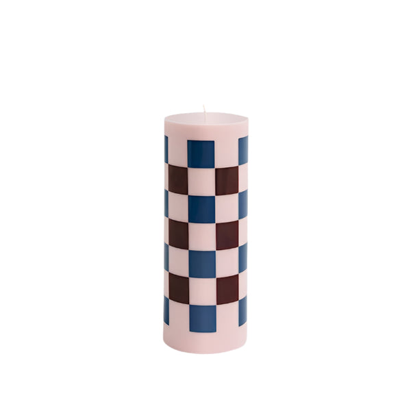 Large Column Candle - Light Pink/Bordeaux/Dark Blue Check