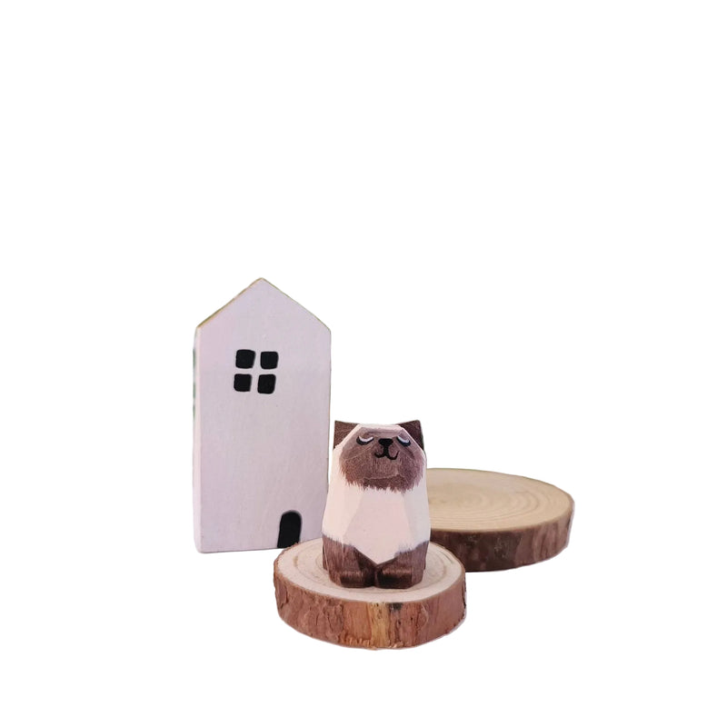 Hand-crafted Wooden Sitting Cats Ornament - Thai Siamese