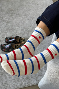Embroidered Boyfriend Socks - Red, Blue & Heart