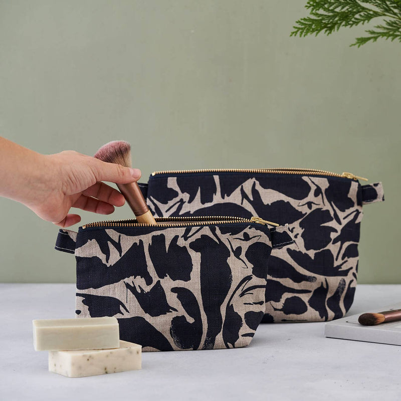 Toiletry Bag - 100% Linen: Printed Navy Creatures / Large