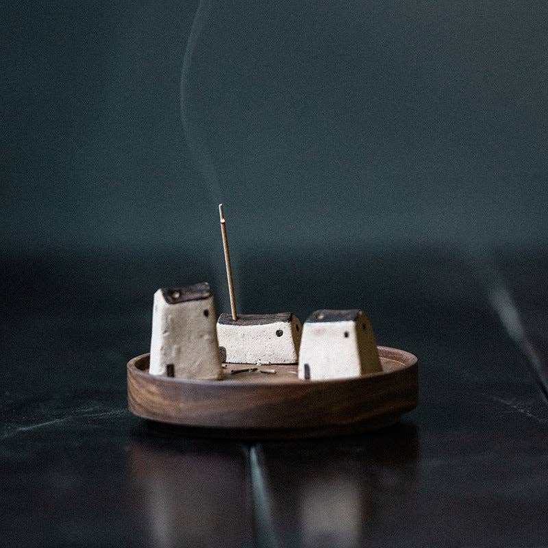 Gohobi Handmade Japanese Style Incense Holder – Zen Ceramic Incense Plug Tray: 3 mud houses