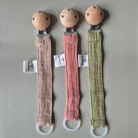 Pacifier Cord Made of Muslin Fabric with Wooden Attachment Clip – Army